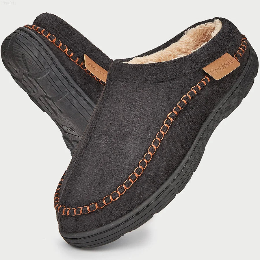 Men Slippers Winter Big Size Indoor Memory Foam Plush Warm Cozy Luxury House Shoes Suede Sewing Casual Slipper Indoor/Outdoor