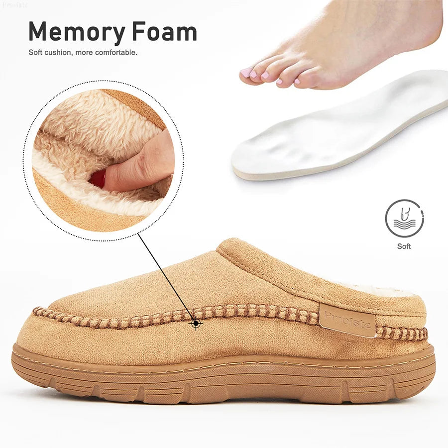 Men Slippers Winter Big Size Indoor Memory Foam Plush Warm Cozy Luxury House Shoes Suede Sewing Casual Slipper Indoor/Outdoor