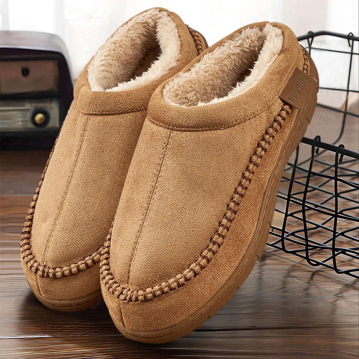 Men Slippers Winter Big Size Indoor Memory Foam Plush Warm Cozy Luxury House Shoes Suede Sewing Casual Slipper Indoor/Outdoor