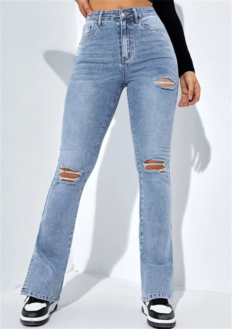 2023 Winter New Women's High Waist Ripped Leg Slit Jeans Fashion Slim Fit Stretch Denim Straight Legs Casual Trousers S-2XL