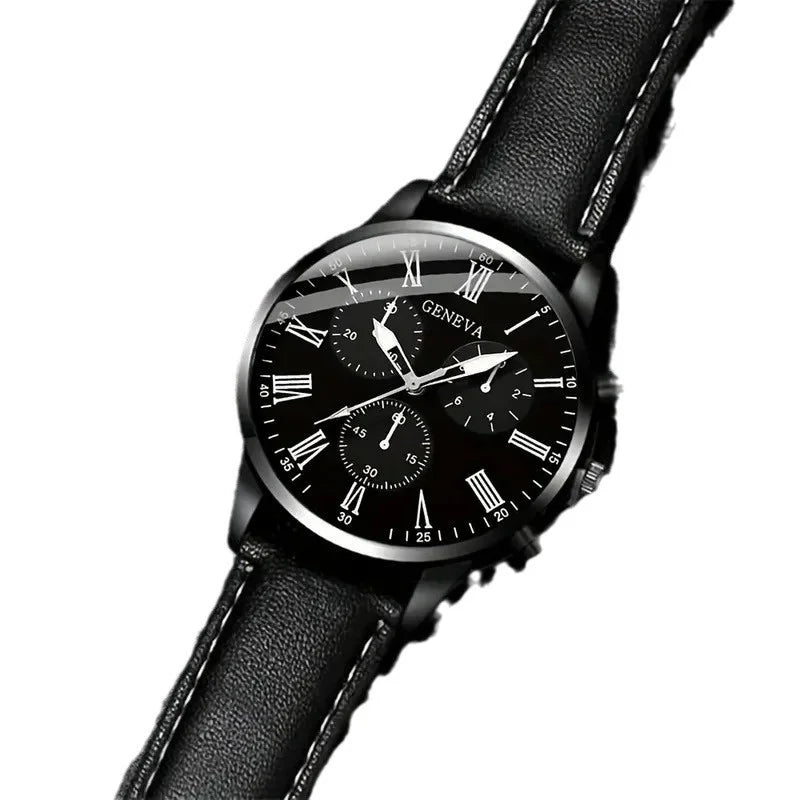 New Export Hot Style Men's Quartz Watch Leather Band 40mm Pointer Business Casual Fashion Three-Eye Design Plus Braided Bracelet