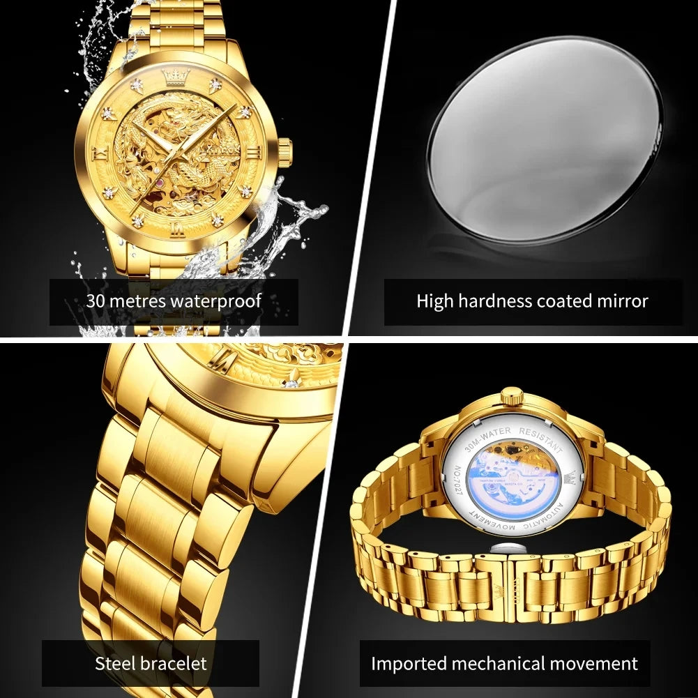 OLEVS 7027 Fashion Diamond Men's Watches Gold Dragon Luxury Men Automatic Mechanical Wristwatches for Mens Montre Homme Relojes. Minimum order 2