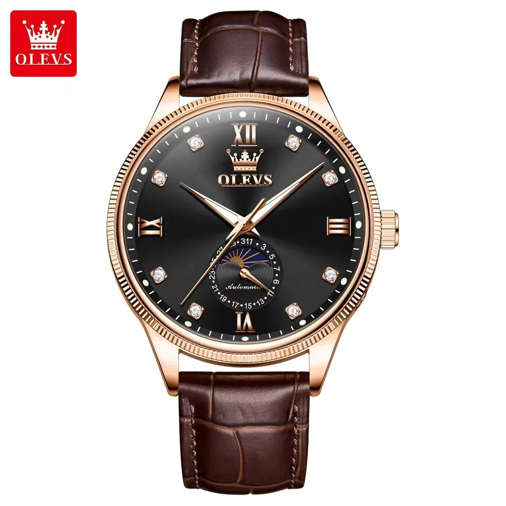 OLEVS 7039 Men's Watches Luminous Hands Genuine Leather Strap Luxury Moon Phase Calendar Automatic Mechanical Wristwatch for Men