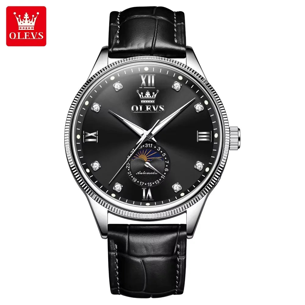 OLEVS 7039 Men's Watches Luminous Hands Genuine Leather Strap Luxury Moon Phase Calendar Automatic Mechanical Wristwatch for Men