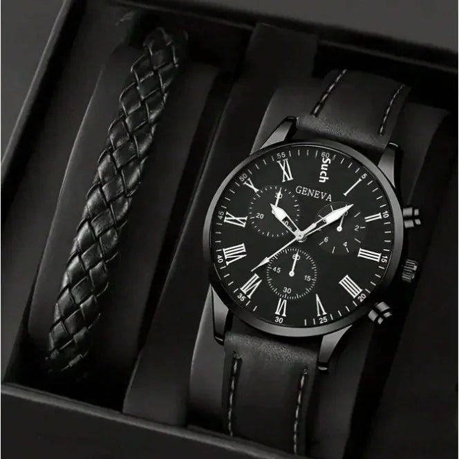 New Export Hot Style Men's Quartz Watch Leather Band 40mm Pointer Business Casual Fashion Three-Eye Design Plus Braided Bracelet
