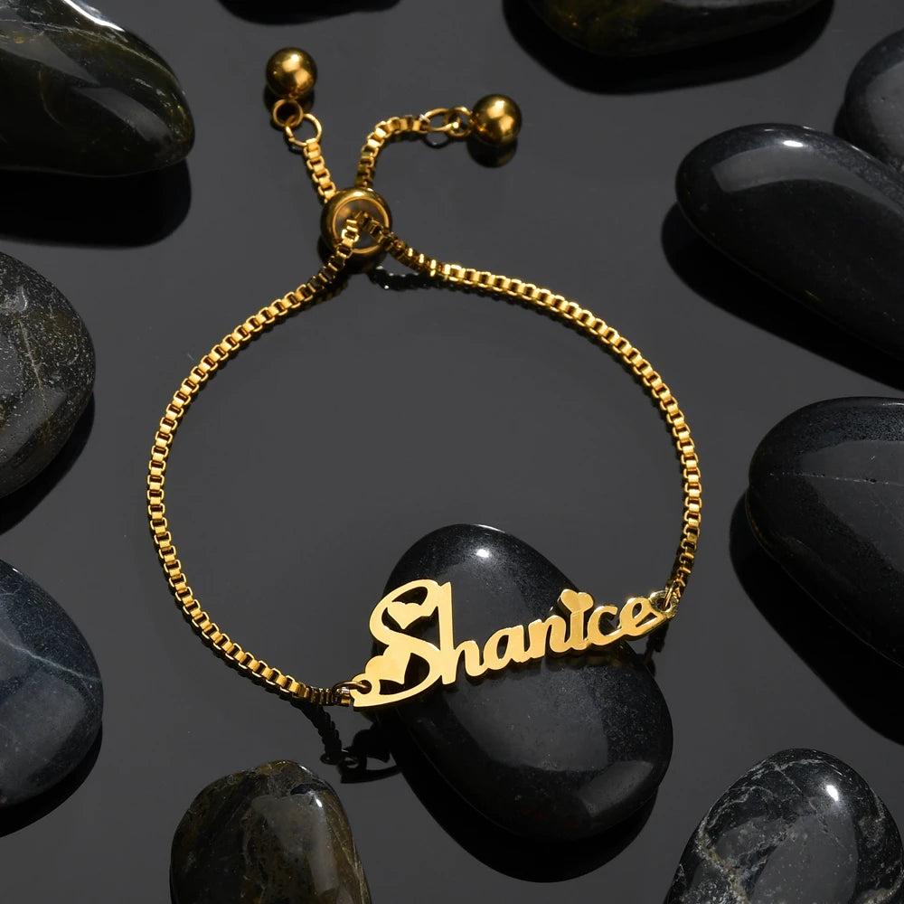 Atoztide Fashion Personalized Custom Name Bracelet for Women Stainless Steel letter Bracele with Adjustable Chain Wedding Gift