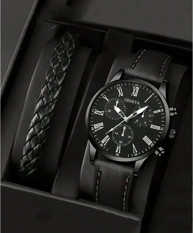 New Export Hot Style Men's Quartz Watch Leather Band 40mm Pointer Business Casual Fashion Three-Eye Design Plus Braided Bracelet