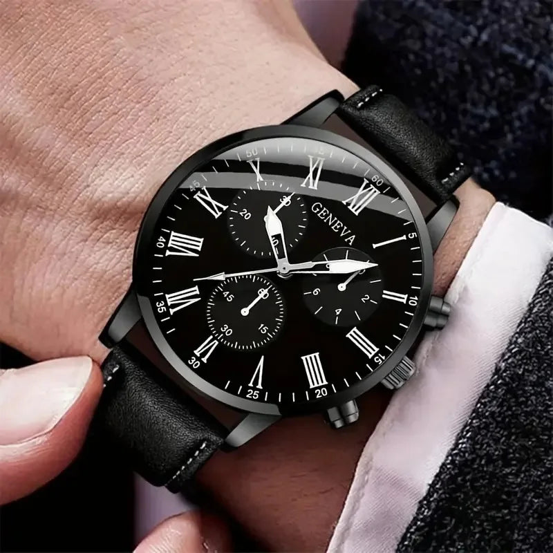 New Export Hot Style Men's Quartz Watch Leather Band 40mm Pointer Business Casual Fashion Three-Eye Design Plus Braided Bracelet