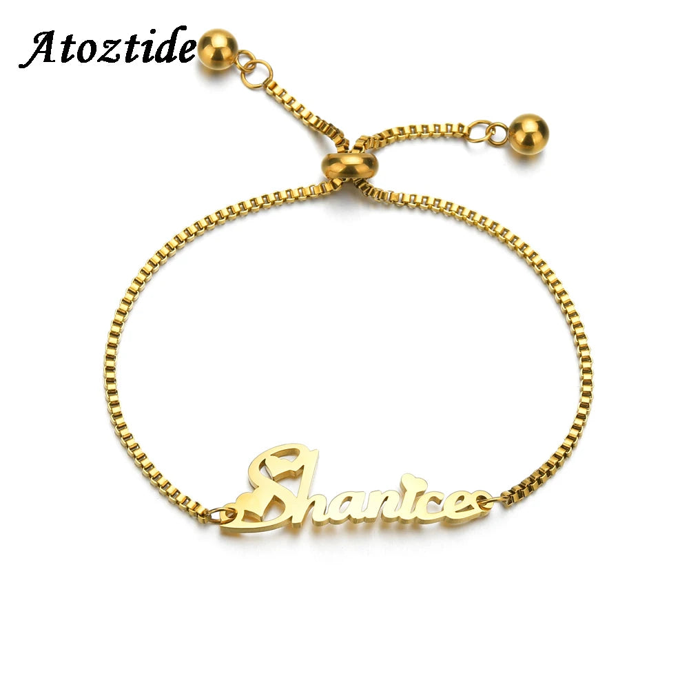 Atoztide Fashion Personalized Custom Name Bracelet for Women Stainless Steel letter Bracele with Adjustable Chain Wedding Gift