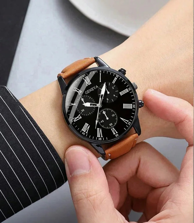 New Export Hot Style Men's Quartz Watch Leather Band 40mm Pointer Business Casual Fashion Three-Eye Design Plus Braided Bracelet