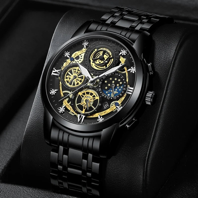 BINBOND B4010 4010 Fashion Casual Quartz Men Watch Stainless Steel Strap Luxury Dial Luminous Waterproof Business Men Wristwatch