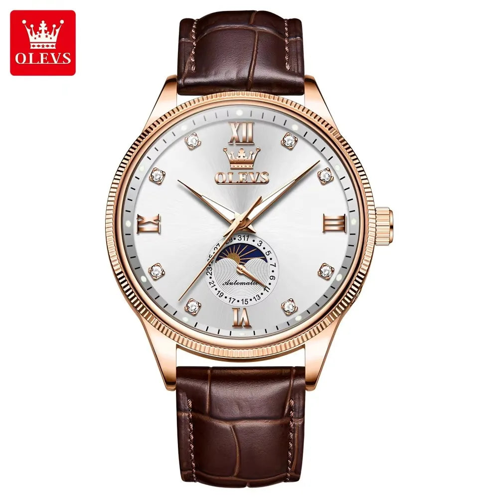 OLEVS 7039 Men's Watches Luminous Hands Genuine Leather Strap Luxury Moon Phase Calendar Automatic Mechanical Wristwatch for Men