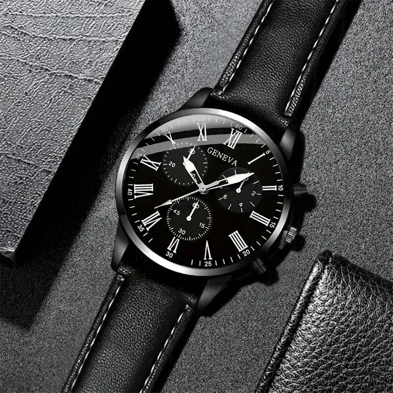 New Export Hot Style Men's Quartz Watch Leather Band 40mm Pointer Business Casual Fashion Three-Eye Design Plus Braided Bracelet