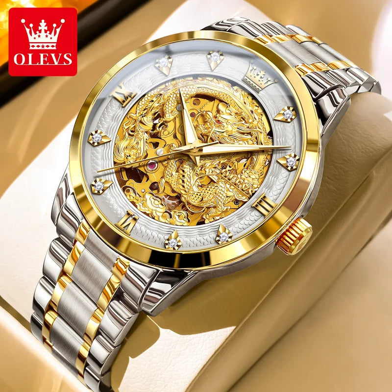 OLEVS 7027 Fashion Diamond Men's Watches Gold Dragon Luxury Men Automatic Mechanical Wristwatches for Mens Montre Homme Relojes. Minimum order 2
