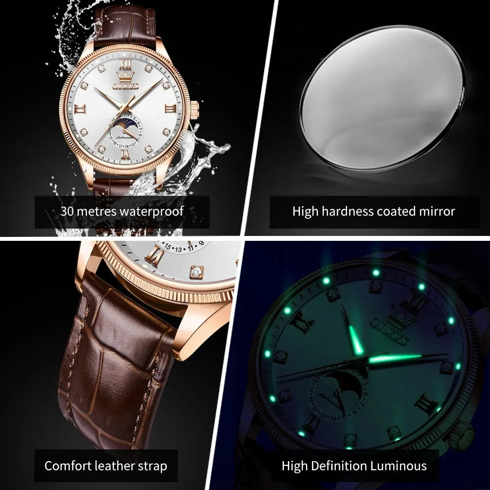 OLEVS 7039 Men's Watches Luminous Hands Genuine Leather Strap Luxury Moon Phase Calendar Automatic Mechanical Wristwatch for Men
