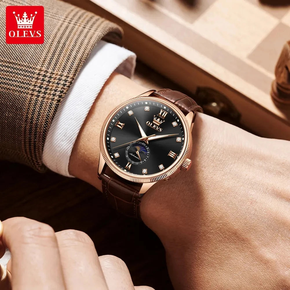 OLEVS 7039 Men's Watches Luminous Hands Genuine Leather Strap Luxury Moon Phase Calendar Automatic Mechanical Wristwatch for Men