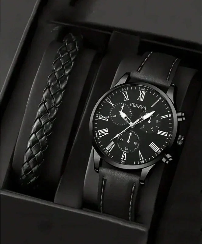 New Export Hot Style Men's Quartz Watch Leather Band 40mm Pointer Business Casual Fashion Three-Eye Design Plus Braided Bracelet