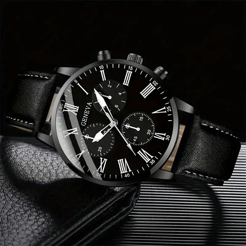New Export Hot Style Men's Quartz Watch Leather Band 40mm Pointer Business Casual Fashion Three-Eye Design Plus Braided Bracelet