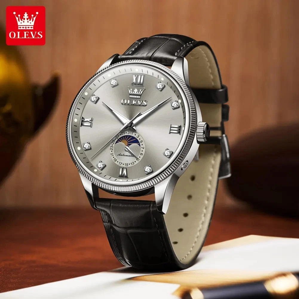 OLEVS 7039 Men's Watches Luminous Hands Genuine Leather Strap Luxury Moon Phase Calendar Automatic Mechanical Wristwatch for Men