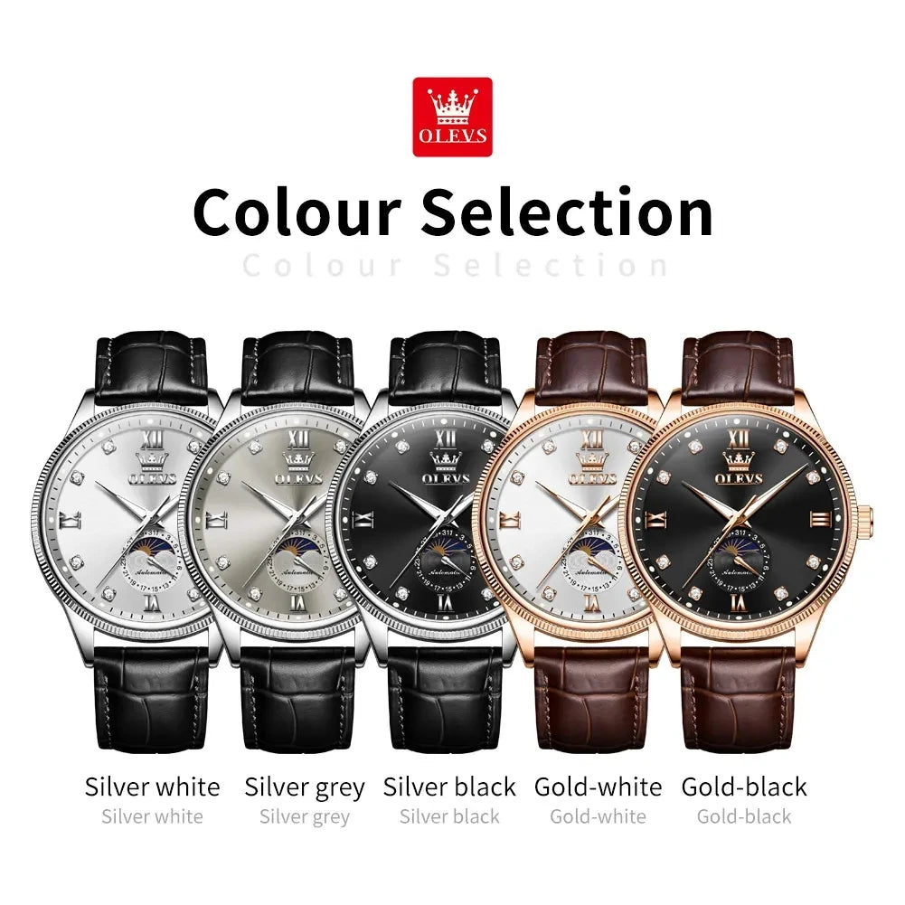 OLEVS 7039 Men's Watches Luminous Hands Genuine Leather Strap Luxury Moon Phase Calendar Automatic Mechanical Wristwatch for Men