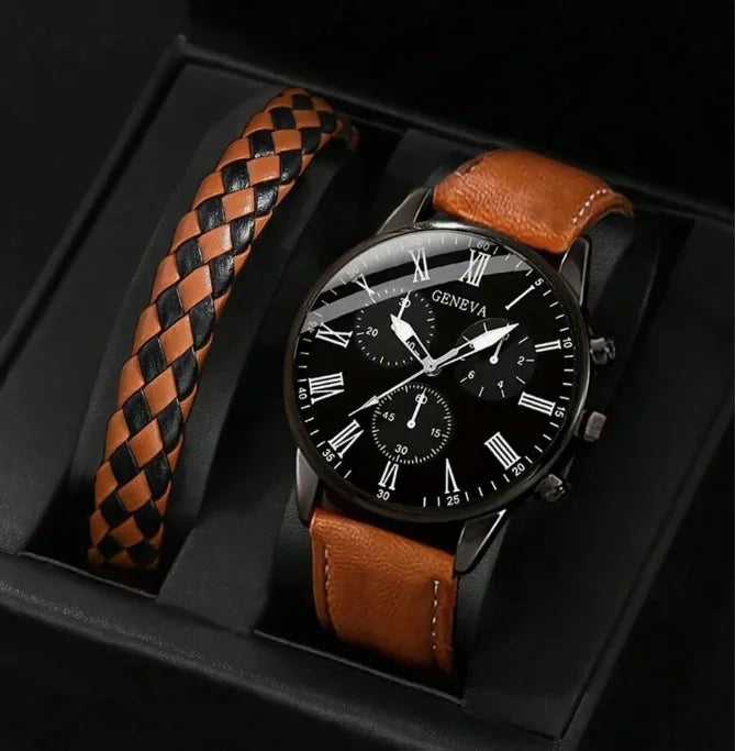 New Export Hot Style Men's Quartz Watch Leather Band 40mm Pointer Business Casual Fashion Three-Eye Design Plus Braided Bracelet