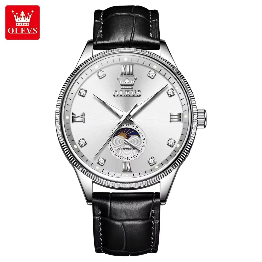 OLEVS 7039 Men's Watches Luminous Hands Genuine Leather Strap Luxury Moon Phase Calendar Automatic Mechanical Wristwatch for Men