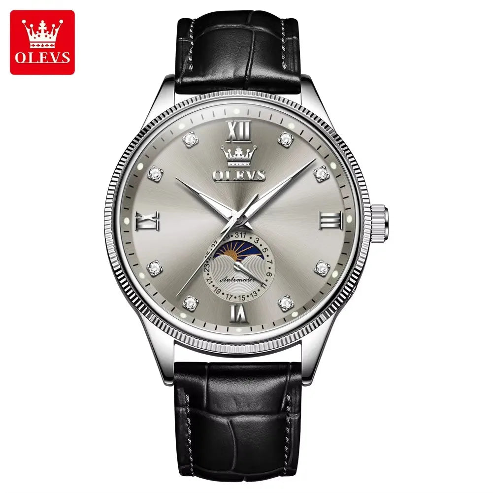 OLEVS 7039 Men's Watches Luminous Hands Genuine Leather Strap Luxury Moon Phase Calendar Automatic Mechanical Wristwatch for Men