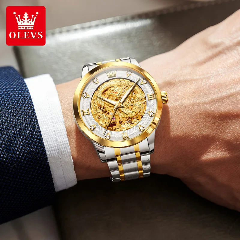 OLEVS 7027 Fashion Diamond Men's Watches Gold Dragon Luxury Men Automatic Mechanical Wristwatches for Mens Montre Homme Relojes. Minimum order 2