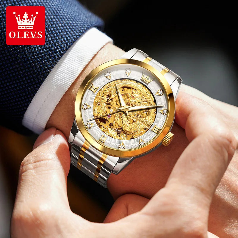 OLEVS 7027 Fashion Diamond Men's Watches Gold Dragon Luxury Men Automatic Mechanical Wristwatches for Mens Montre Homme Relojes. Minimum order 2