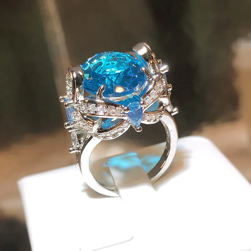 Fashion Jewelry KYRA01718 Luxurious Sea Blue Big Zircon Resizable Ring Design for Women minimum order 2