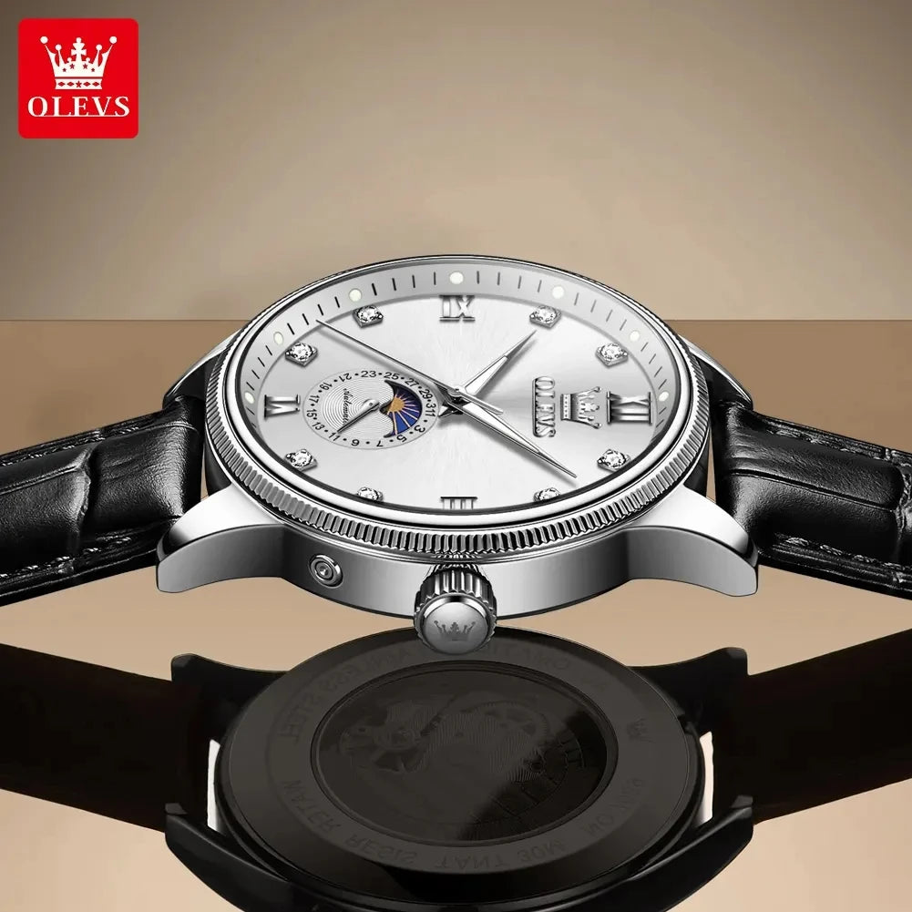 OLEVS 7039 Men's Watches Luminous Hands Genuine Leather Strap Luxury Moon Phase Calendar Automatic Mechanical Wristwatch for Men
