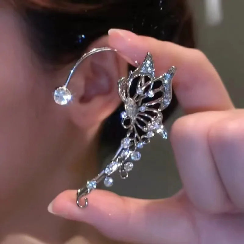 Silver Color Plated Metal Butterfly Ear Clips Without Piercing for Women Sparkling Zircon Ear Cuff Clip Earrings Wedding Jewelry