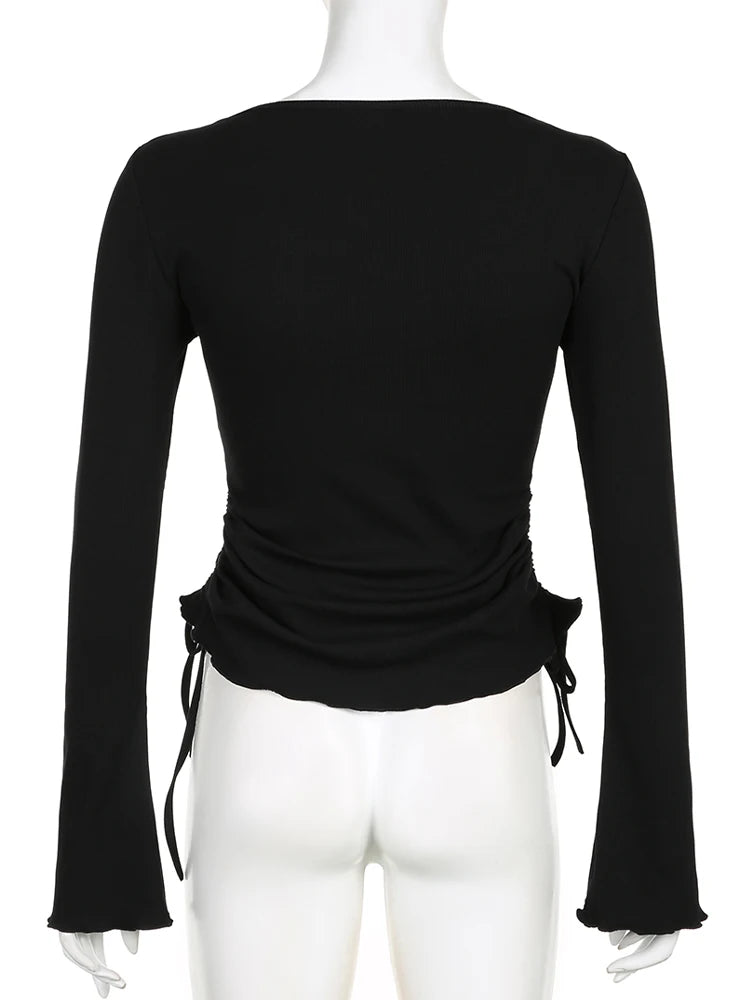 IAMSURE Elegant Fashion Drawstring Folds T Shirt Slim Solid O-Neck Long Sleeve Tees Women 2023 Autumn Winter Ladies Streetwear
