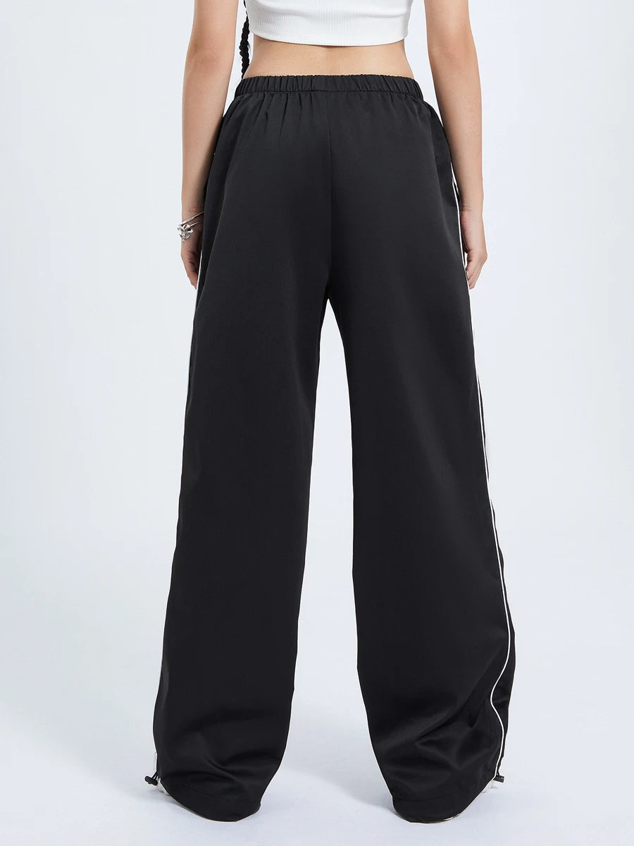 Women Loose Cargo Pants Casual y2k Solid Color Black Elastic Waist Wide Leg Joggers Trousers with Pockets for 2000s Streetwear