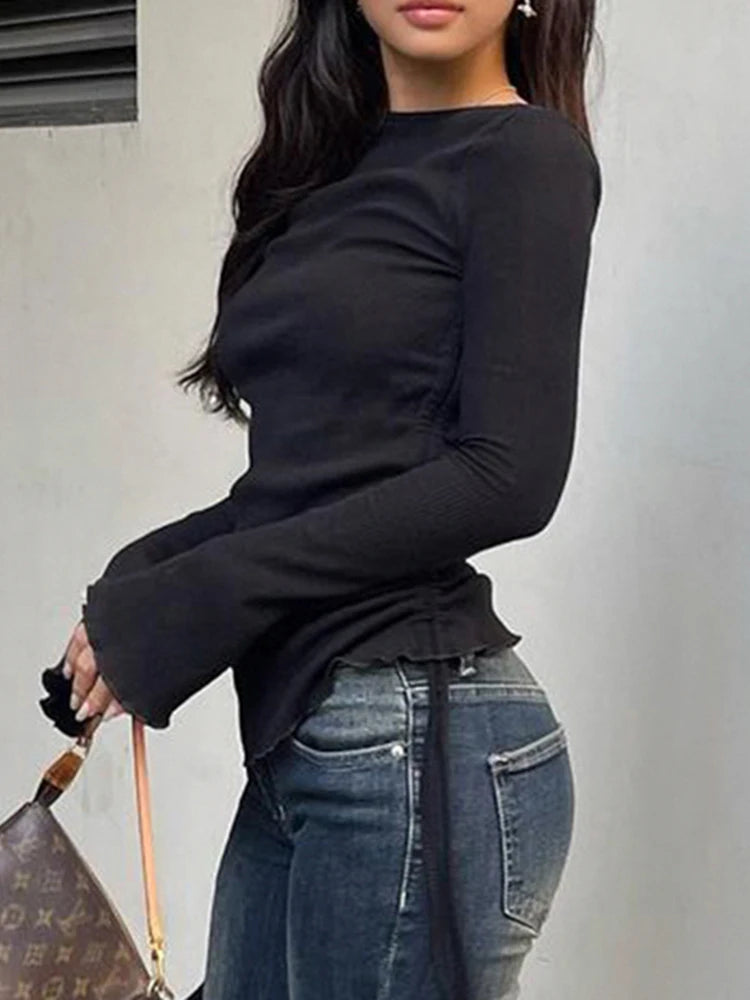 IAMSURE Elegant Fashion Drawstring Folds T Shirt Slim Solid O-Neck Long Sleeve Tees Women 2023 Autumn Winter Ladies Streetwear