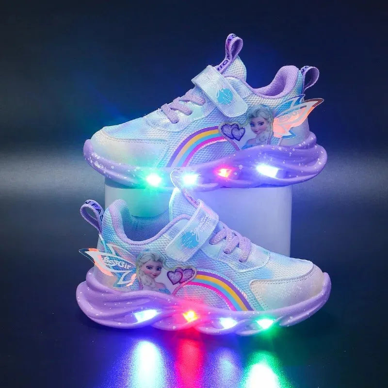 Disney Girls' Casual Shoes Led Lights Mesh Breathable Children's Sports Princess Elsa Pink Purple Shoes Sneakers Size 22-35
