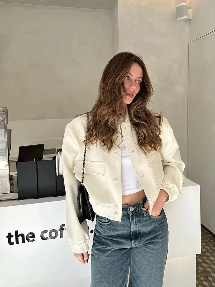New Spring Bomber Jacket For Women Solid Stand Collar Long Sleeve Racing Jackets Female Fashion Pockets Lady Street Coats Tops