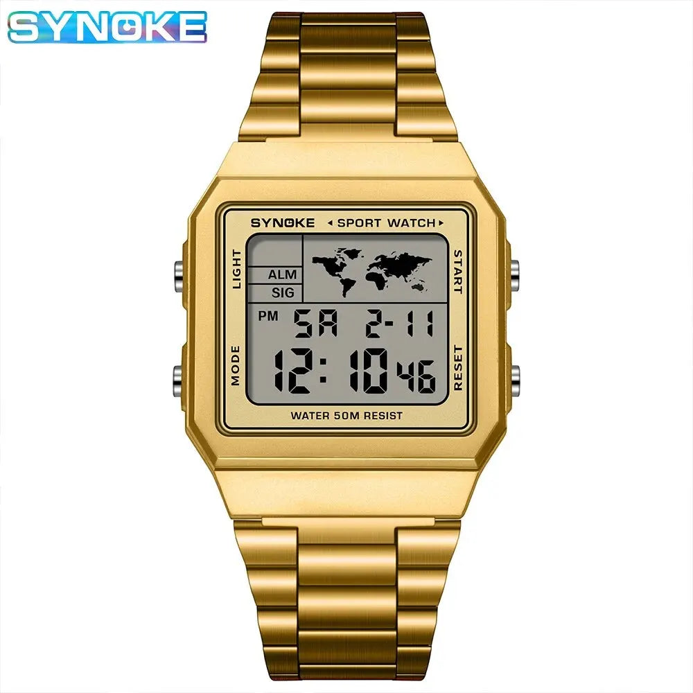 SYNOKE Top Brand Luxury Stainless Steel Chrono Sport Watches Men Back Light Display Digital Wristwatch 5Bar Waterproof Reloj Hom