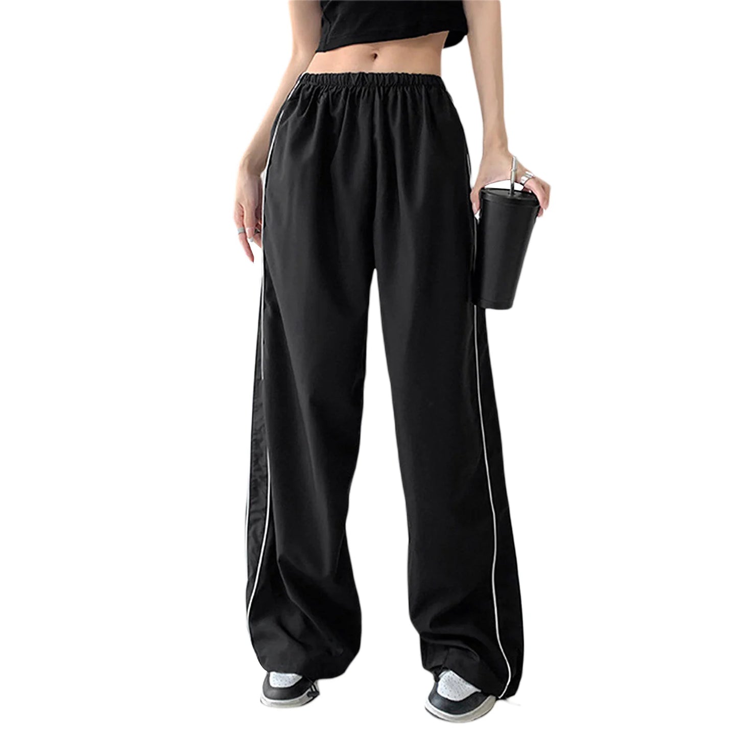 Women Loose Cargo Pants Casual y2k Solid Color Black Elastic Waist Wide Leg Joggers Trousers with Pockets for 2000s Streetwear