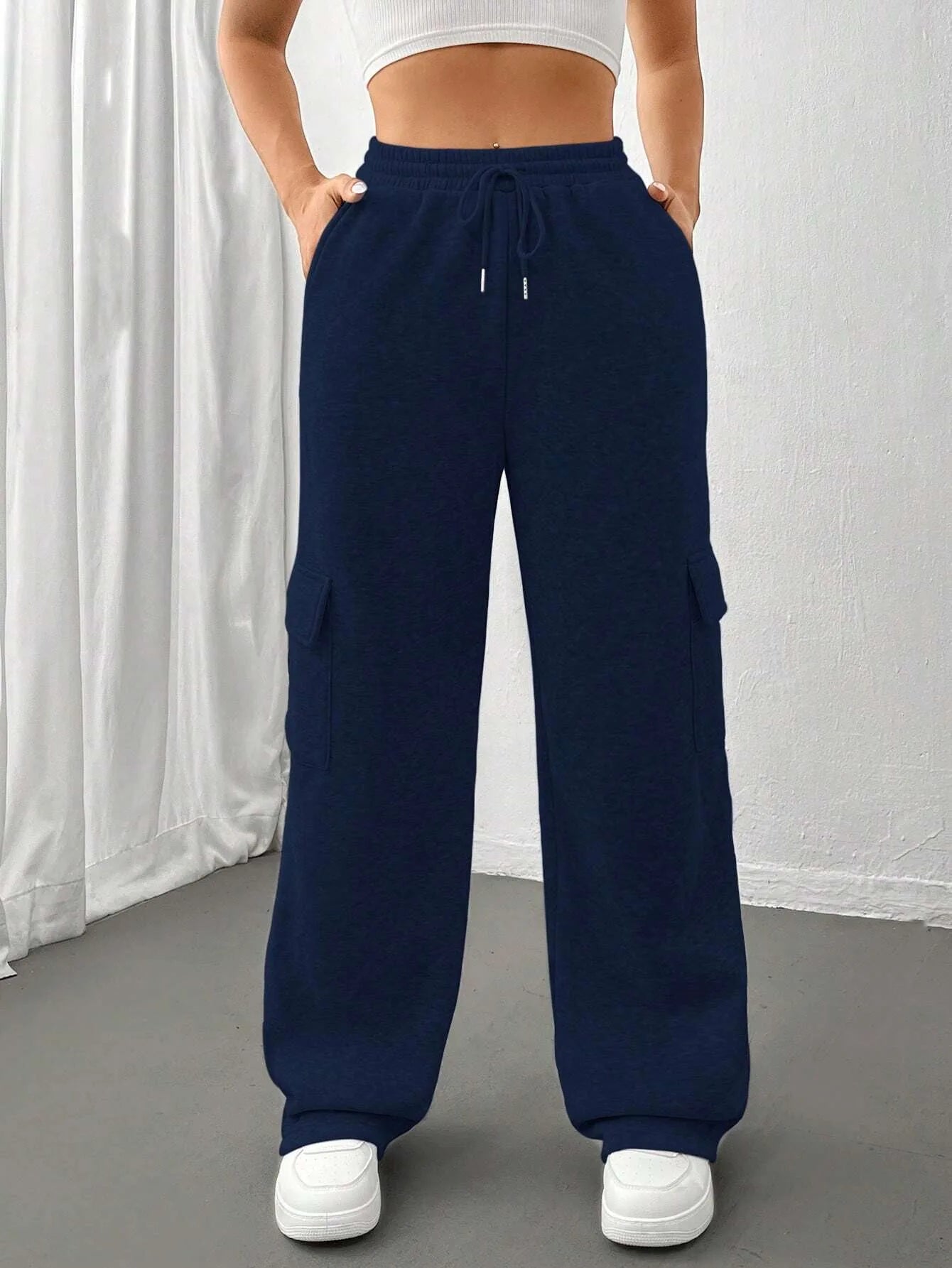 Women Gery Straight Leg Guard Pants Pockets Casual Elastic Waist With Drawstring 2024 Autumn Spring Black Trousers Pantalon