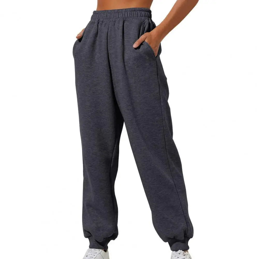 Women Pants High Elastic Waist Solid Color Casual Pants Soft Warm Pockets Loose Spring Fall Sweatpants Jogging Trousers 여성용 긴 바지