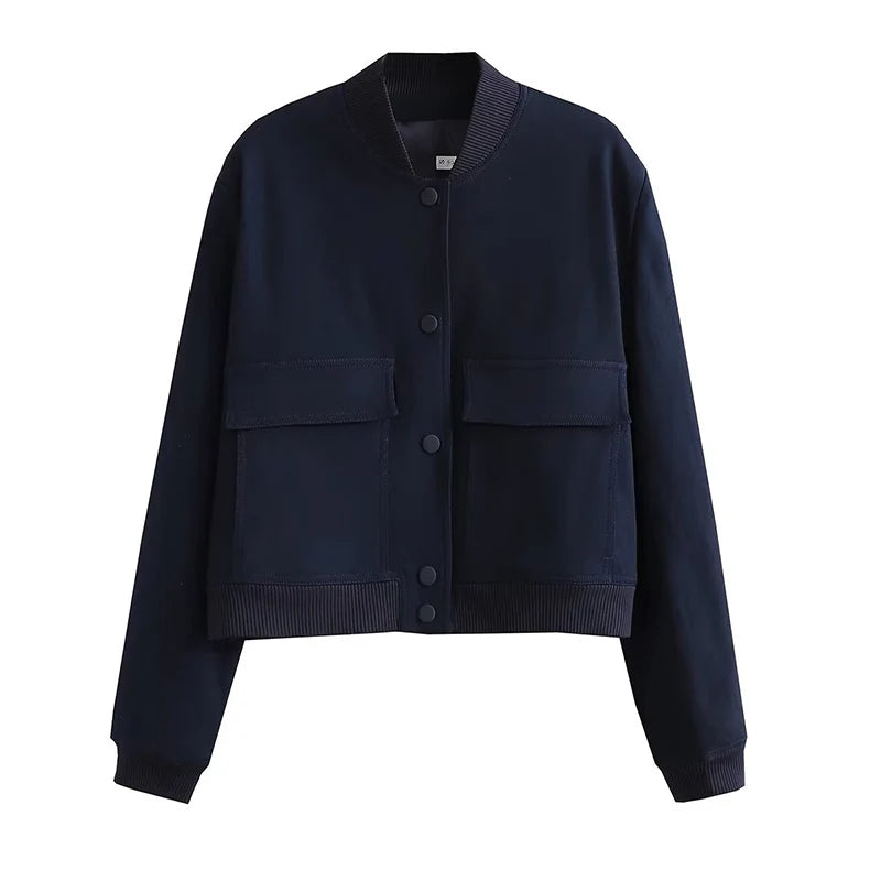 New Spring Bomber Jacket For Women Solid Stand Collar Long Sleeve Racing Jackets Female Fashion Pockets Lady Street Coats Tops