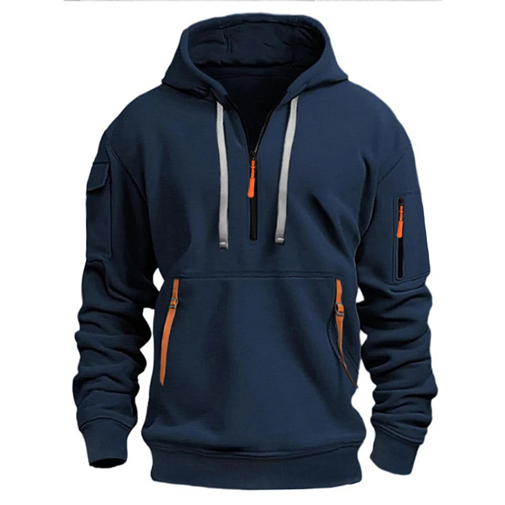 Men's casual sports hoodie, spring and autumn fashion arm pocket pull rope hooded solid color loose long-sleeved blouse pullover