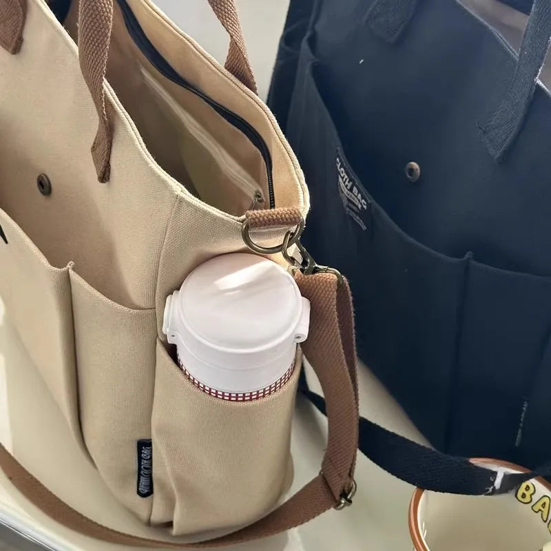 Urban Minimalist Female Student Large Capacity Commuting Horizontal Canvas Single Shoulder Diagonal Cross Portable Eco Bag