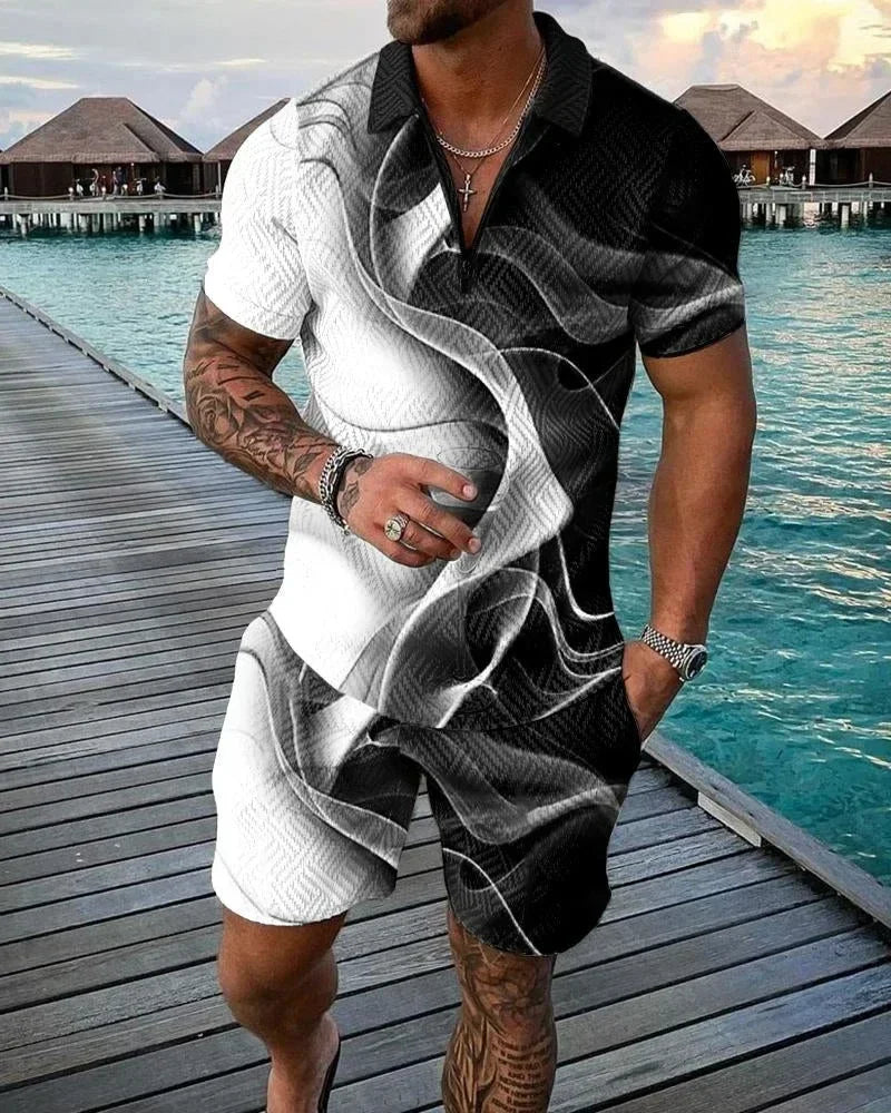 Trendy Bohemian Geometric Style 3D Printed Men's Polo Shirt Set Zipper Polo Shirt Set Zipper Collar + Shorts 2 Pieces Hawaii Hol