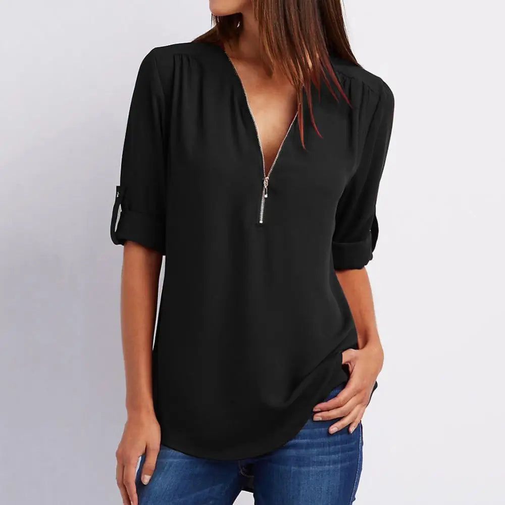 Loose Shirt Blouse Casual Solid Color Office Lady Sexy Zipper V Neck Half Sleeve Blouse
