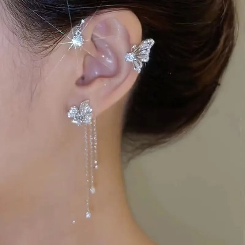 Silver Color Plated Metal Butterfly Ear Clips Without Piercing for Women Sparkling Zircon Ear Cuff Clip Earrings Wedding Jewelry