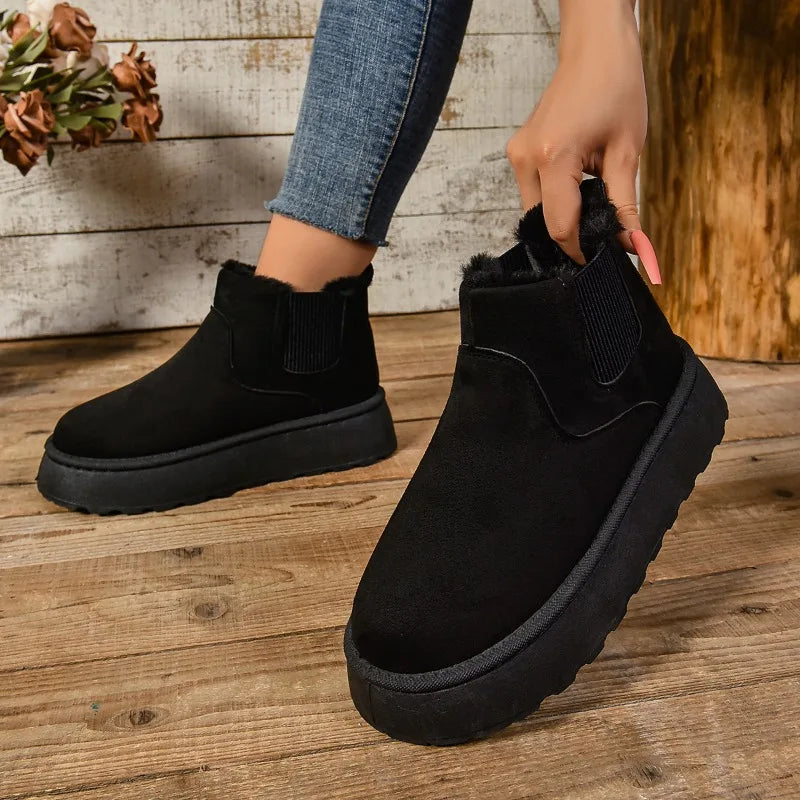 2024 Winter Women Short Plush Warm Snow Boots Casual Shoes New Suede Fur Chelsea Ankle Boots Flats Platform Ladies Shoes Botas