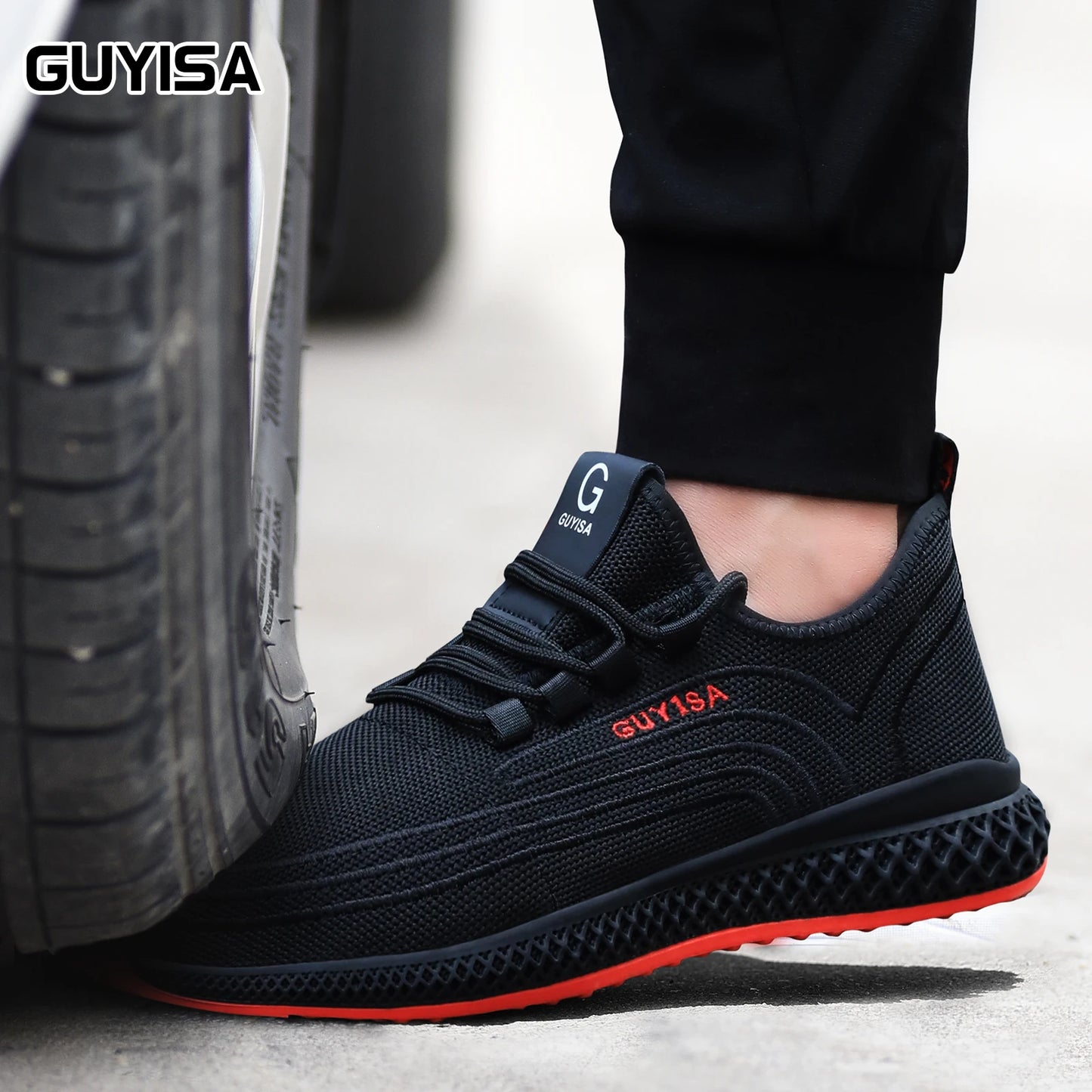 GUYISA men's safety shoes with steel toe caps, anti smashing and anti piercing rubber soles, wear-resistant and soft, long weari