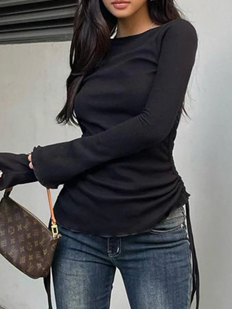 IAMSURE Elegant Fashion Drawstring Folds T Shirt Slim Solid O-Neck Long Sleeve Tees Women 2023 Autumn Winter Ladies Streetwear